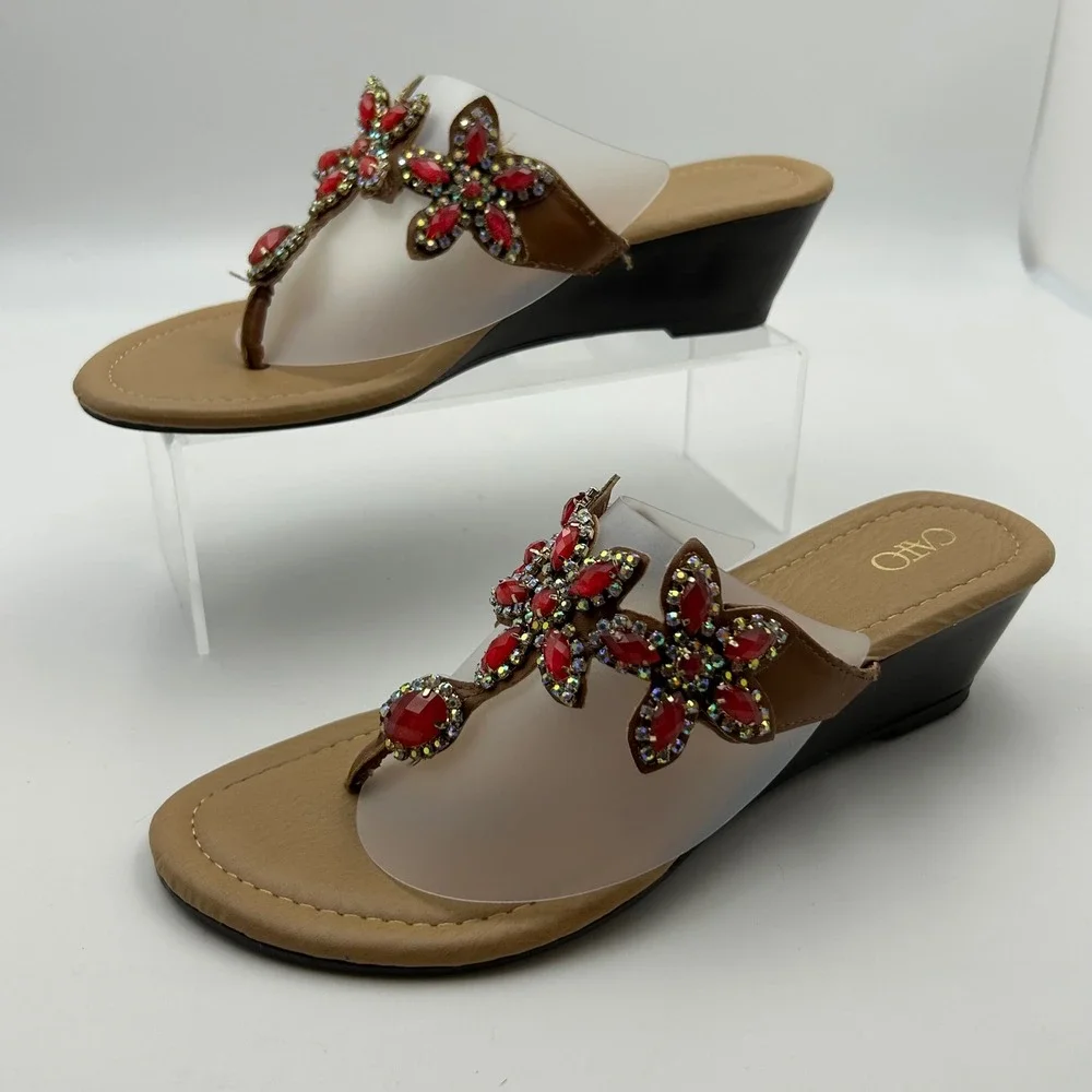 Cato Wedge Sandals Womens 8 Tan Red Jeweled Floral‎ Thong Boho Glam 36571875